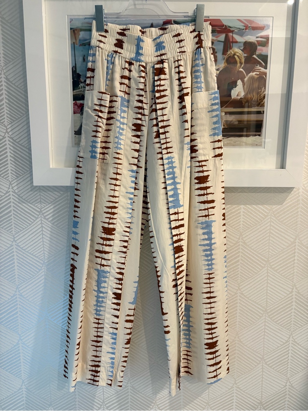 Wide Leg Cream Patterned Pants with Blue & Brown Stripes